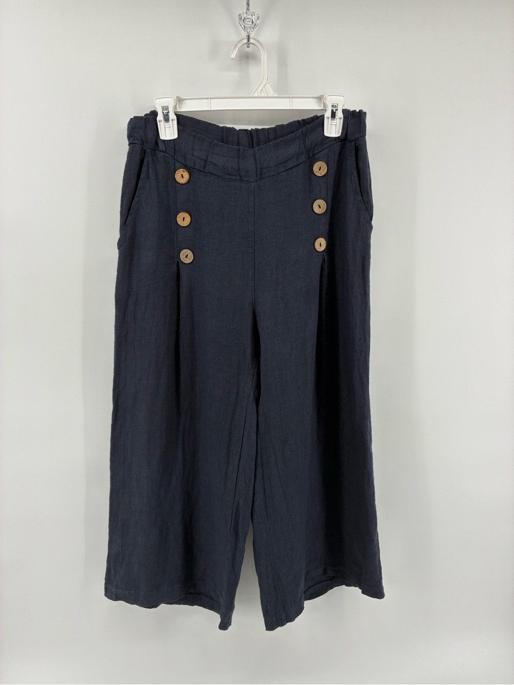 Wide Leg Navy Button Detail 100% Linen Pants